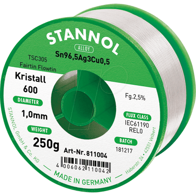 STANNOL STA 600 TSC 1,0 - Soldadura sin plomo con contenido de color plateado y cobre, Ø 1 STANNOL STA 600 TSC 1,0 - Soldadura sin plomo con contenido de color plateado y cobre, Ø 1