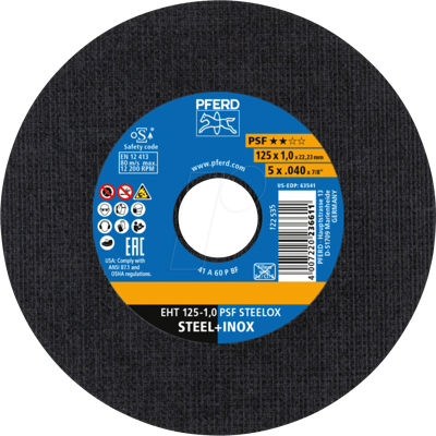 PFERD TOOLS PFERD 61721121 - DISCOS DE CORTE EHT 125-1,6 PSF STEELOX PFERD TOOLS PFERD 61721121 - DISCOS DE CORTE EHT 125-1,6 PSF STEELOX