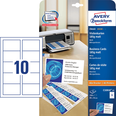 AVERY ZWECKFORM AVZ C32010-25 - Tarjetas de visita, microperforadas, 250 unidades, blanco AVERY ZWECKFORM AVZ C32010-25 - Tarjetas de visita, microperforadas, 250 unidades, blanco