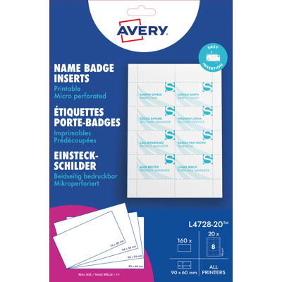 AVERY ZWECKFORM AVZ L4728-20 - Placa insertable, imprimible, 60x90 mm, 160 unidades AVERY ZWECKFORM AVZ L4728-20 - Placa insertable, imprimible, 60x90 mm, 160 unidades