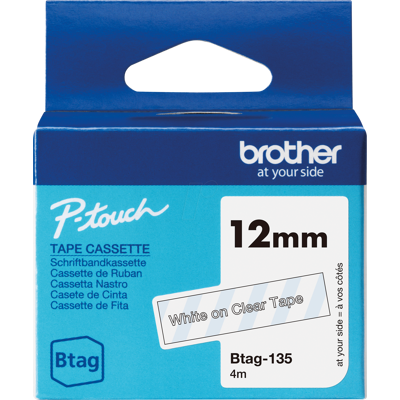 BROTHER P-TOUCH BTAG135 - Cinta de escritura, blanca sobre transparente, 12 mm, Btag BROTHER P-TOUCH BTAG135 - Cinta de escritura, blanca sobre transparente, 12 mm, Btag
