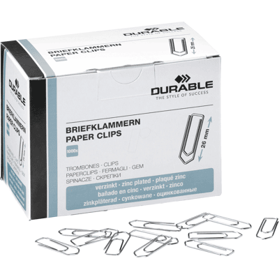 DURABLE 120725 - Clips para papel, 26 mm, galvanizado, 1000 unidades DURABLE 120725 - Clips para papel, 26 mm, galvanizado, 1000 unidades
