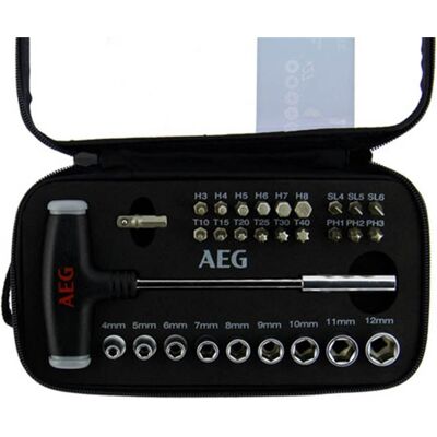 AEG Estuche de llaves t con variedad puntas y vasos AEG Estuche de llaves t con variedad puntas y vasos