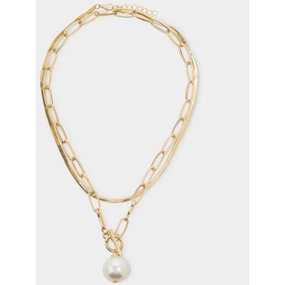 Parfois Collar doble de eslabones con abalorio de perla decorativa. Dorado Parfois Collar doble de eslabones con abalorio de perla decorativa. Dorado