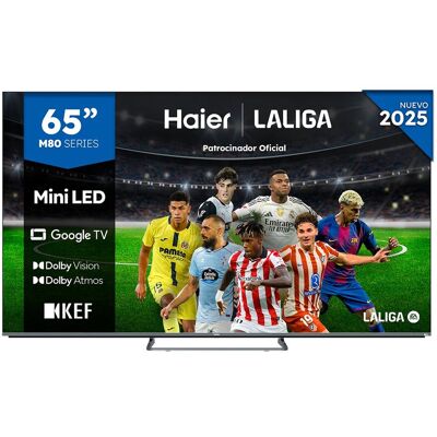 HAIER TV MiniLED 165 cm (65") H65M80FUX UHD 4K, Peana Central, Smart Google TV, HDR10, Sonido KEF 2.1. Silver HAIER TV MiniLED 165 cm (65") H65M80FUX UHD 4K, Peana Central, Smart Google TV, HDR10, Sonido KEF 2.1. Silver