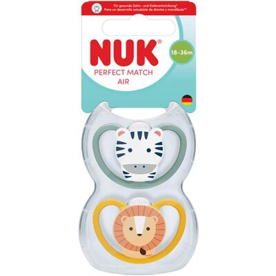 NUK Chupete Perfect Match Air Silic. T3 18-36M "Zebra-León" (2 Uds). NUK Chupete Perfect Match Air Silic. T3 18-36M "Zebra-León" (2 Uds).