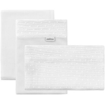Cambrass Juego de 3 piezas sábana + bajera + funda almohada para cuna de 60x120 cm deluxe. Blanco Algodón Cambrass Juego de 3 piezas sábana + bajera + funda almohada para cuna de 60x120 cm deluxe. Blanco Algodón