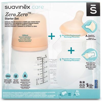 Suavinex Set primeros comienzos gama ZERO Biberón, tetina recambio y bolsa anticólicos. Natural niño Suavinex Set primeros comienzos gama ZERO Biberón, tetina recambio y bolsa anticólicos. Natural niño