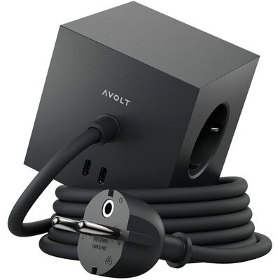 AVOLT Regleta eléctrica cuadrada SQ1 con cable 1,8 m 30W Dual 3 Tomas Schuko + 2 USB-C. Stockholm Black AVOLT Regleta eléctrica cuadrada SQ1 con cable 1,8 m 30W Dual 3 Tomas Schuko + 2 USB-C. Stockholm Black