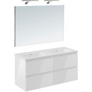 Cosmic Conjunto de mueble de baño suspendido con 4 cajones, 2 perchas, 1 lavabo de porcelana, 1 espejo y 1 aplique de pared BBest . (120 cm) Blanco brillo Cosmic Conjunto de mueble de baño suspendido con 4 cajones, 2 perchas, 1 lavabo de porcelana, 1 espejo y 1 aplique de pared BBest . (120 cm) Blanco brillo