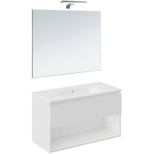 Cosmic Conjunto de mueble de baño suspendido con 1 cajón, 2 perchas, 1 lavabo de porcelana y 1 aplique de pared B-Best . (100 cm) Blanco mate Cosmic Conjunto de mueble de baño suspendido con 1 cajón, 2 perchas, 1 lavabo de porcelana y 1 aplique de pared B-Best . (100 cm) Blanco mate