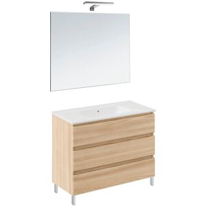 Cosmic Conjunto de mueble de baño con patas con 3 cajones, 2 perchas, 1 lavabo de porcelana, 1 espejo y 1 aplique de pared BBest . (100 cm) Roble Cosmic Conjunto de mueble de baño con patas con 3 cajones, 2 perchas, 1 lavabo de porcelana, 1 espejo y 1 aplique de pared BBest . (100 cm) Roble