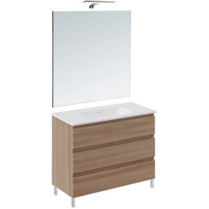Cosmic Conjunto de mueble de baño con patas con 3 cajones, 2 perchas, 1 lavabo de porcelana, 1 espejo y 1 aplique de pared BBest . (100 cm) Nogal Cosmic Conjunto de mueble de baño con patas con 3 cajones, 2 perchas, 1 lavabo de porcelana, 1 espejo y 1 aplique de pared BBest . (100 cm) Nogal