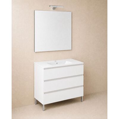 Cosmic Conjunto de mueble de baño con patas con 3 cajones, 2 perchas, 1 lavabo de porcelana, 1 espejo y 1 aplique de pared BBest . (100 cm) Blanco mate Cosmic Conjunto de mueble de baño con patas con 3 cajones, 2 perchas, 1 lavabo de porcelana, 1 espejo y 1 aplique de pared BBest . (100 cm) Blanco mate