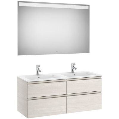 Roca Conjunto de baño doble con mueble suspendido con 4 cajones, 2 lavabos y espejo con luz LED The Gap . Fresno Roca Conjunto de baño doble con mueble suspendido con 4 cajones, 2 lavabos y espejo con luz LED The Gap . Fresno