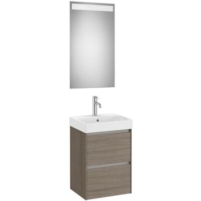 Roca Conjunto de baño con mueble compacto con 2 cajones, lavabo y espejo LED Ona . (45 cm) Olmo oscuro Roca Conjunto de baño con mueble compacto con 2 cajones, lavabo y espejo LED Ona . (45 cm) Olmo oscuro