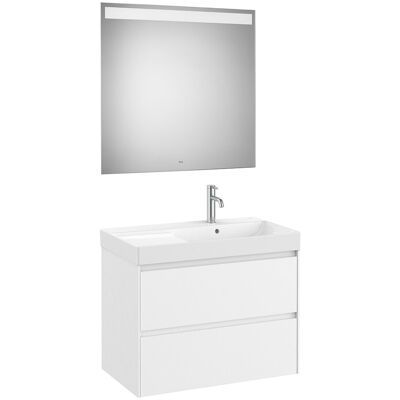 Roca Conjunto de baño con mueble con 2 cajones, lavabo a la derecha y espejo LED Ona . Blanco mate Roca Conjunto de baño con mueble con 2 cajones, lavabo a la derecha y espejo LED Ona . Blanco mate