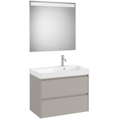 Roca Conjunto de baño con mueble con 2 cajones, lavabo a la derecha y espejo LED Ona . Gris mate Roca Conjunto de baño con mueble con 2 cajones, lavabo a la derecha y espejo LED Ona . Gris mate
