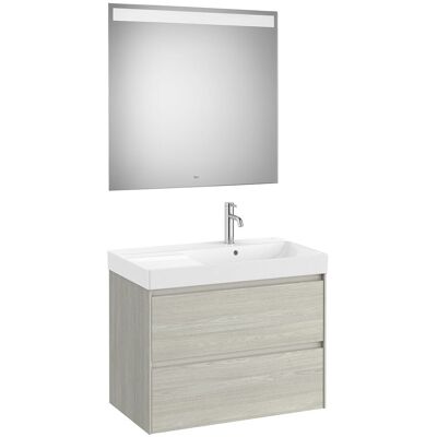 Roca Conjunto de baño con mueble con 2 cajones, lavabo a la derecha y espejo LED Ona . Roble Roca Conjunto de baño con mueble con 2 cajones, lavabo a la derecha y espejo LED Ona . Roble