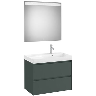 Roca Conjunto de baño con mueble con 2 cajones, lavabo a la derecha y espejo LED Ona . Verde Roca Conjunto de baño con mueble con 2 cajones, lavabo a la derecha y espejo LED Ona . Verde