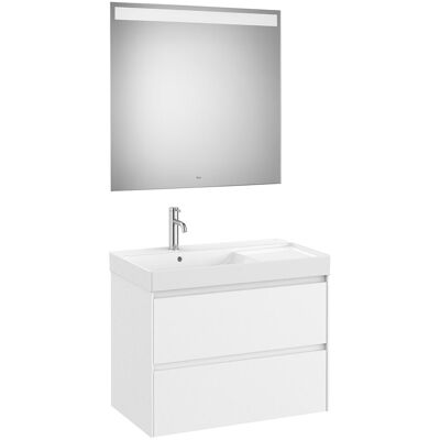Roca Conjunto de baño con mueble con 2 cajones, lavabo a la izquierda y espejo LED Ona . Blanco mate Roca Conjunto de baño con mueble con 2 cajones, lavabo a la izquierda y espejo LED Ona . Blanco mate