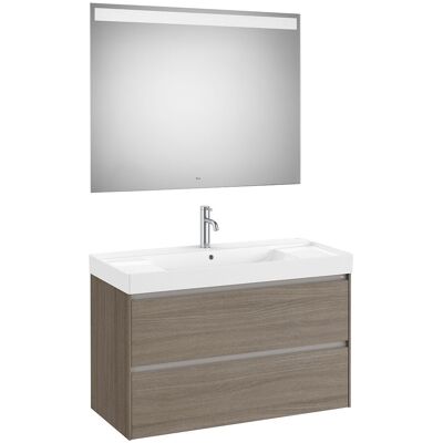 Roca Conjunto de baño mueble con 2 cajones, lavabo y espejo LED Ona . (100 cm) Olmo oscuro Roca Conjunto de baño mueble con 2 cajones, lavabo y espejo LED Ona . (100 cm) Olmo oscuro