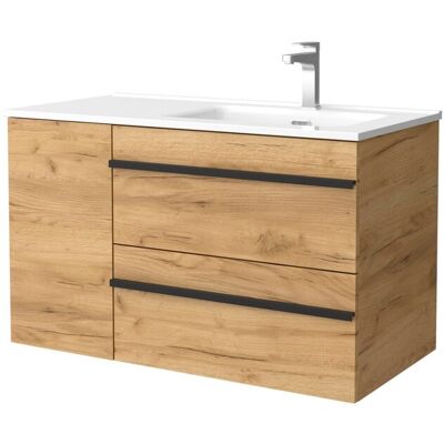 Salgar Mueble de baño con 2 cajones con 1 puerta y lavabo de 1 poza grifo derecha Born Plus . (90 cm) Roble Salgar Mueble de baño con 2 cajones con 1 puerta y lavabo de 1 poza grifo derecha Born Plus . (90 cm) Roble