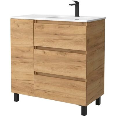 Salgar Mueble de baño 3C con 3 cajones con 1 puerta y lavabo de 1 poza grifo derechaBequia Plus . (90 cm) Roble Salgar Mueble de baño 3C con 3 cajones con 1 puerta y lavabo de 1 poza grifo derechaBequia Plus . (90 cm) Roble