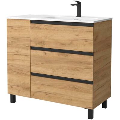 Salgar Mueble de baño 3C con 3 cajones con 1 puerta y lavabo de 1 poza grifo derecha Bequia Plus Metal . (90 cm) Roble Salgar Mueble de baño 3C con 3 cajones con 1 puerta y lavabo de 1 poza grifo derecha Bequia Plus Metal . (90 cm) Roble