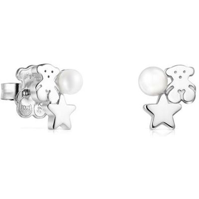 Tous Pendientes largos nocturne de plata con oso y perla. Blanco Tous Pendientes largos nocturne de plata con oso y perla. Blanco