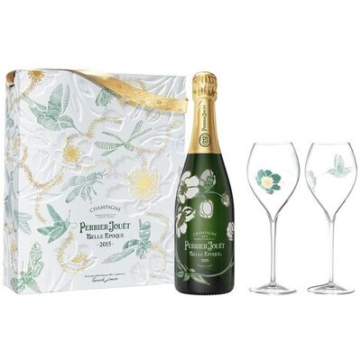 Perrier-Jouët Estuche champagne Brut Belle Epoque con dos copas. Perrier-Jouët Estuche champagne Brut Belle Epoque con dos copas.