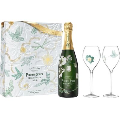 Perrier-Jouët Estuche champagne Brut Belle Epoque con dos copas. Perrier-Jouët Estuche champagne Brut Belle Epoque con dos copas.