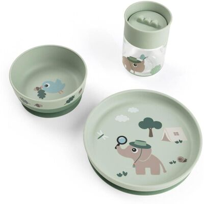 Done by Deer Set de vajilla con plato, bowl ventosa y taza transparante Tiny Trails. Verde Agua Done by Deer Set de vajilla con plato, bowl ventosa y taza transparante Tiny Trails. Verde Agua
