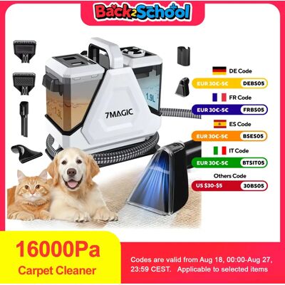 7MAGIC Limpiador de alfombras y tapicerías portátil de alta resistencia de 16Kpa con potente succión, grandes tanques de agua dulce sucia de 1300ml y 1900ml, 7MAGIC Limpiador de alfombras y tapicerías portátil de alta resistencia de 16Kpa con potente succión, grandes tanques de agua dulce sucia de 1300ml y 1900ml,