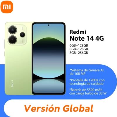 Versión Global Redmi Note 14, Teléfono Inteligente 4G, Cámara IA de 108MP, Batería de 5500mAh, 33W, MediaTek Helio G99-Ultra, 120Hz, Teléfono Celular Xiaomi Versión Global Redmi Note 14, Teléfono Inteligente 4G, Cámara IA de 108MP, Batería de 5500mAh, 33W, MediaTek Helio G99-Ultra, 120Hz, Teléfono Celular Xiaomi