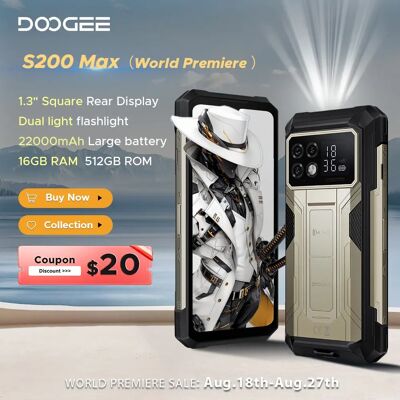 Doogee S200 Max 5G Rugged Phone 22000mAh Battery 1.3" Rear Display 36GB(16+20) 512GB Dual Light Flashlight 108MP AI Camera Phone Doogee S200 Max 5G Rugged Phone 22000mAh Battery 1.3" Rear Display 36GB(16+20) 512GB Dual Light Flashlight 108MP AI Camera Phone
