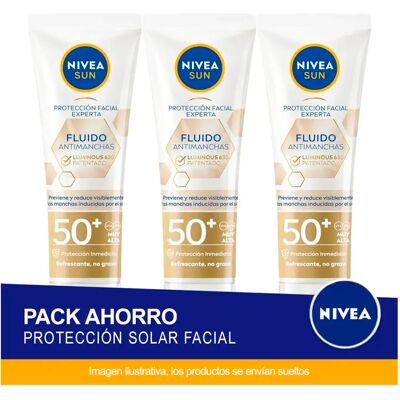 NIVEA SUN Pack ahorro Protección Facial Fluido Antimanchas Luminous 630 FP50+. Protección UV alta. Pack de 3 unidades NIVEA SUN Pack ahorro Protección Facial Fluido Antimanchas Luminous 630 FP50+. Protección UV alta. Pack de 3 unidades