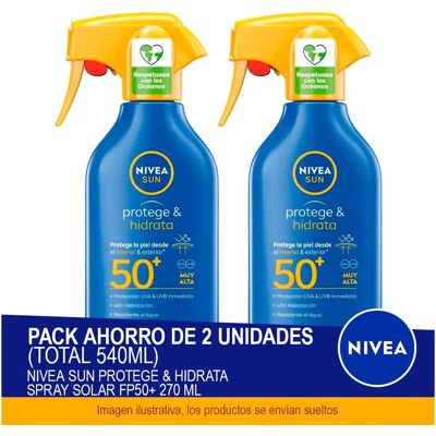 NIVEA SUN Protege & Hidrata Spray Solar FP50+ 270 ml - Pack ahorro de 2 unidades (total 540ml) NIVEA SUN Protege & Hidrata Spray Solar FP50+ 270 ml - Pack ahorro de 2 unidades (total 540ml)