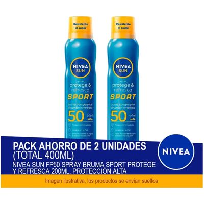 NIVEA SUN FP50 Spray Bruma Sport Protege y Refresca 200ml. Protección alta - Pack ahorro de 2 unidades (total 400ml) NIVEA SUN FP50 Spray Bruma Sport Protege y Refresca 200ml. Protección alta - Pack ahorro de 2 unidades (total 400ml)