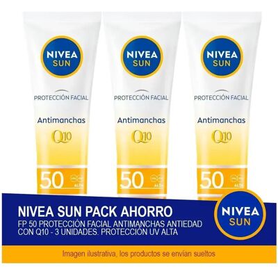 NIVEA SUN FP 50 Protección Facial Antimanchas Antiedad con Q10 - Pack ahorro de 3 unidades. Protección UV alta NIVEA SUN FP 50 Protección Facial Antimanchas Antiedad con Q10 - Pack ahorro de 3 unidades. Protección UV alta