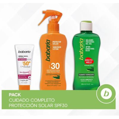 Babaria Pack Cuidado Completo Protección Solar SPF30: Crema Facial Solar Antimanchas SPF50+ con Principios Activos de Rosa Mosqueta 75ml, Spray Protector Solar Corporal SPF30 200ml y Bálsamo After Sun Babaria Pack Cuidado Completo Protección Solar SPF30: Crema Facial Solar Antimanchas SPF50+ con Principios Activos de Rosa Mosqueta 75ml, Spray Protector Solar Corporal SPF30 200ml y Bálsamo After Sun