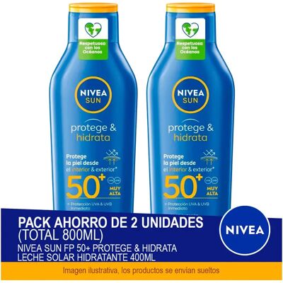 NIVEA SUN FP 50+ Protege & Hidrata Leche Solar Hidratante 400ml - Pack ahorro de 2 unidades (total 800ml) NIVEA SUN FP 50+ Protege & Hidrata Leche Solar Hidratante 400ml - Pack ahorro de 2 unidades (total 800ml)