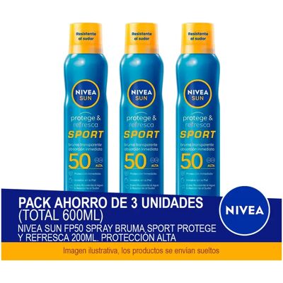 NIVEA SUN FP50 Spray Bruma Sport Protege y Refresca 200ml. Protección alta - Pack ahorro de 3 unidades (total 600ml) NIVEA SUN FP50 Spray Bruma Sport Protege y Refresca 200ml. Protección alta - Pack ahorro de 3 unidades (total 600ml)