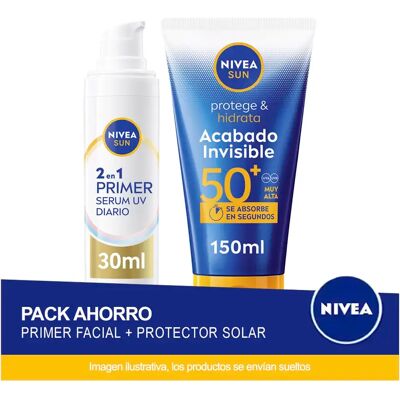 NIVEA SUN Pack ahorro - Contiene 2en1 Primer Serum UV Diario Protección facial SPF50+ 30ml + Protege & Hidrata Loción Solar Acabado Invisible SPF50 NIVEA SUN Pack ahorro - Contiene 2en1 Primer Serum UV Diario Protección facial SPF50+ 30ml + Protege & Hidrata Loción Solar Acabado Invisible SPF50