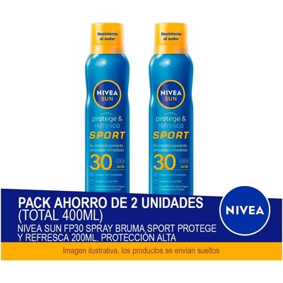 NIVEA SUN FP30 Spray Bruma Sport Protege y Refresca 200 ml. Protección alta - Pack ahorro de 2 unidades (total 400ml) NIVEA SUN FP30 Spray Bruma Sport Protege y Refresca 200 ml. Protección alta - Pack ahorro de 2 unidades (total 400ml)