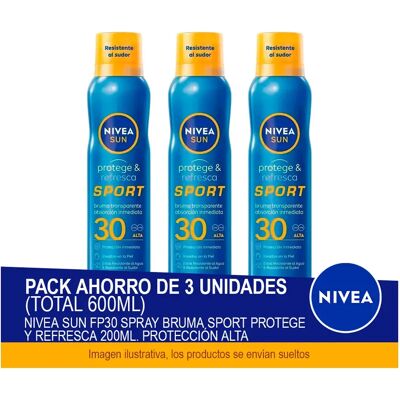 NIVEA SUN FP30 Spray Bruma Sport Protege y Refresca 200 ml. Protección alta - Pack ahorro de 3 unidades (total 600ml) NIVEA SUN FP30 Spray Bruma Sport Protege y Refresca 200 ml. Protección alta - Pack ahorro de 3 unidades (total 600ml)