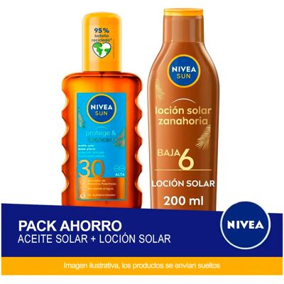 NIVEA SUN Pack ahorro protector solar - Contiene Aceite Solar en Spray Protege & Broncea FP30 + Loción solar zanahoria bronceado intenso SPF6 NIVEA SUN Pack ahorro protector solar - Contiene Aceite Solar en Spray Protege & Broncea FP30 + Loción solar zanahoria bronceado intenso SPF6