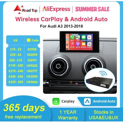 Road Top Android Auto Wireless CarPlay para Audi A3 8v Q2 8P 2013-2018, con Mirror Link AirPlay Bluetooth USB Funciones de cámara de marcha atrás Road Top Android Auto Wireless CarPlay para Audi A3 8v Q2 8P 2013-2018, con Mirror Link AirPlay Bluetooth USB Funciones de cámara de marcha atrás