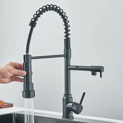 quyanre Grifo de cocina de resorte extraíble, mezclador de agua fría y caliente de una sola palanca para fregadero de cocina, grifos con boquilla de doble caño, grúa quyanre Grifo de cocina de resorte extraíble, mezclador de agua fría y caliente de una sola palanca para fregadero de cocina, grifos con boquilla de doble caño, grúa
