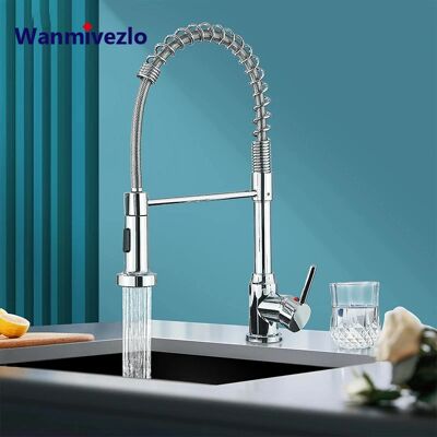 Wanmivezlo Grifos de cocina abatibles con resorte cromado, cabezal de pulverización de corriente, grifo de agua fría y caliente, rotación de acero inoxidable, grifo mezclador de cocina, grúa Wanmivezlo Grifos de cocina abatibles con resorte cromado, cabezal de pulverización de corriente, grifo de agua fría y caliente, rotación de acero inoxidable, grifo mezclador de cocina, grúa